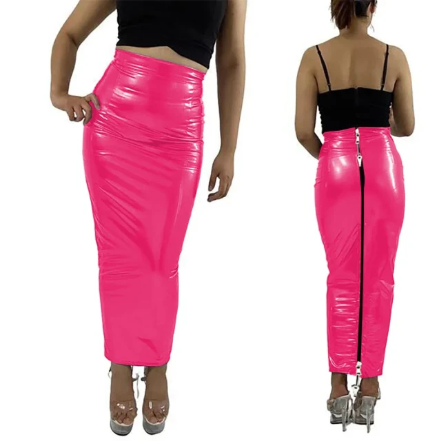 Sissy Lockable Hobble Pencil Skirts Sexy Female Women Ankle Length Two Way Zipper Unisex Erotic Fetish Elegant PVC Leather Skirt
