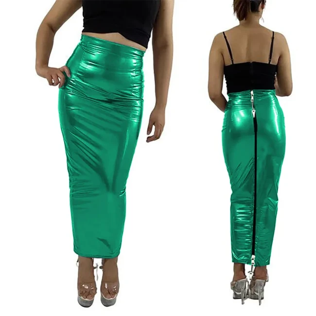 Sissy Lockable Hobble Pencil Skirts Sexy Female Women Ankle Length Two Way Zipper Unisex Erotic Fetish Elegant PVC Leather Skirt