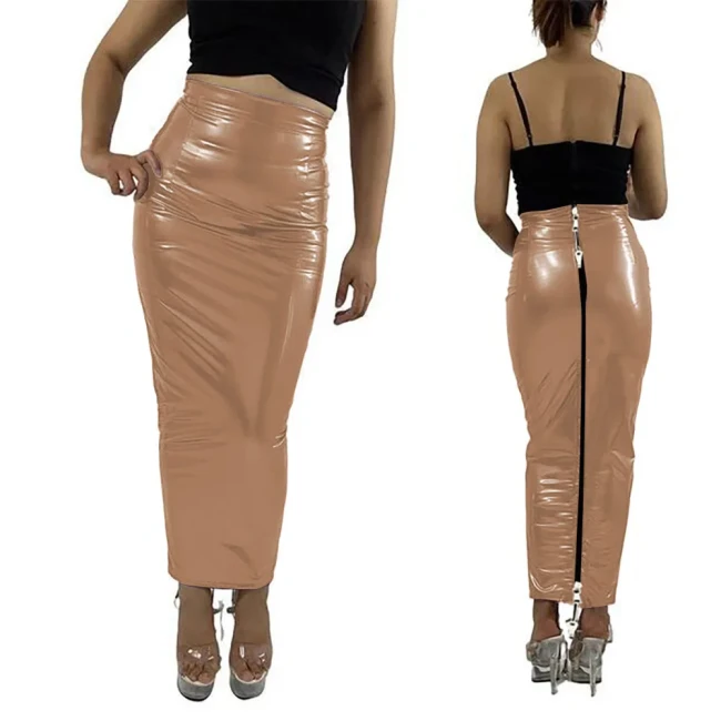 Sissy Lockable Hobble Pencil Skirts Sexy Female Women Ankle Length Two Way Zipper Unisex Erotic Fetish Elegant PVC Leather Skirt