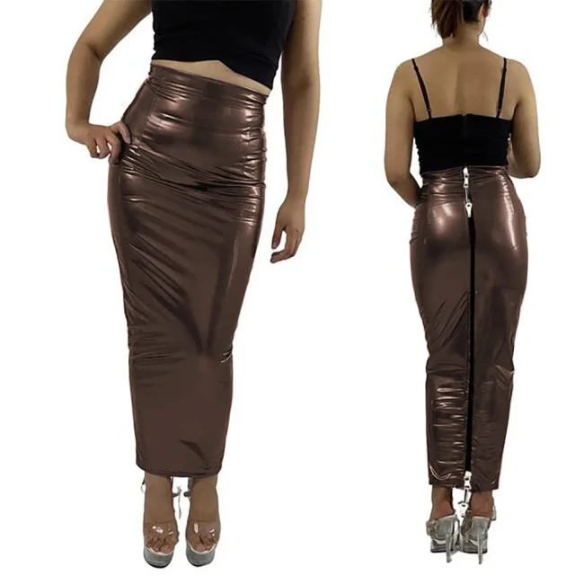 Sissy Lockable Hobble Pencil Skirts Sexy Female Women Ankle Length Two Way Zipper Unisex Erotic Fetish Elegant PVC Leather Skirt