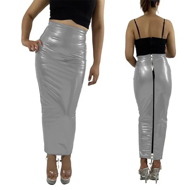 Sissy Lockable Hobble Pencil Skirts Sexy Female Women Ankle Length Two Way Zipper Unisex Erotic Fetish Elegant PVC Leather Skirt