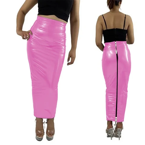 Sissy Lockable Hobble Pencil Skirts Sexy Female Women Ankle Length Two Way Zipper Unisex Erotic Fetish Elegant PVC Leather Skirt