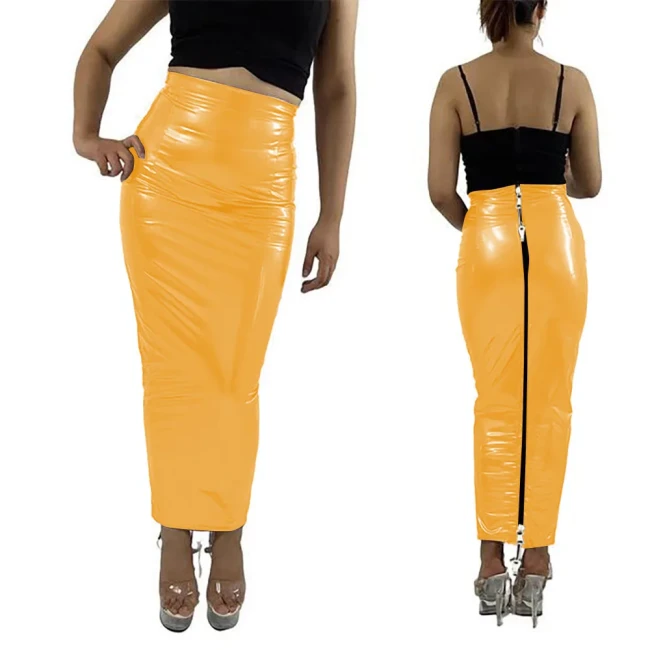 Sissy Lockable Hobble Pencil Skirts Sexy Female Women Ankle Length Two Way Zipper Unisex Erotic Fetish Elegant PVC Leather Skirt