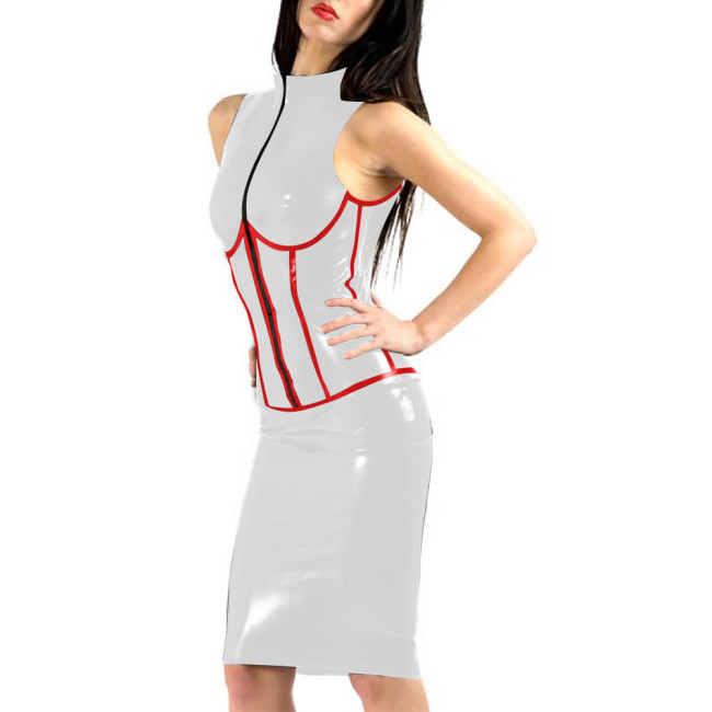 Elegant Office Lady Slim PVC Leather Dress Knee-length Corset Zipper Front Bodycon Pencil Dress Sexy Sleeveless Club Dresses 7xl