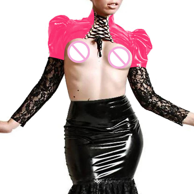 Sexy PVC Leather Lace Up Top Nightclub Patchwork Lace Latex Long Sleeve Exotic Bolero Female Party Cosplay Jacket Plus Size 7XL