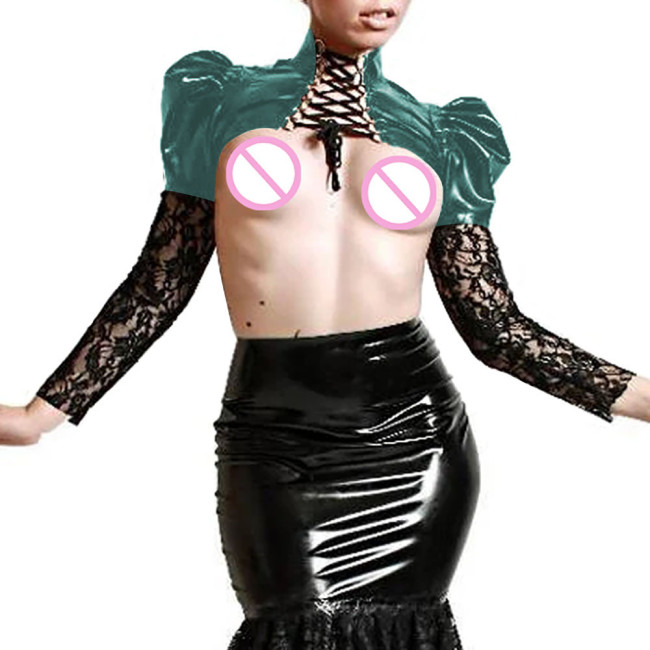 Sexy PVC Leather Lace Up Top Nightclub Patchwork Lace Latex Long Sleeve Exotic Bolero Female Party Cosplay Jacket Plus Size 7XL