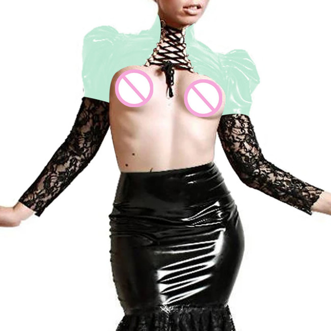 Sexy PVC Leather Lace Up Top Nightclub Patchwork Lace Latex Long Sleeve Exotic Bolero Female Party Cosplay Jacket Plus Size 7XL
