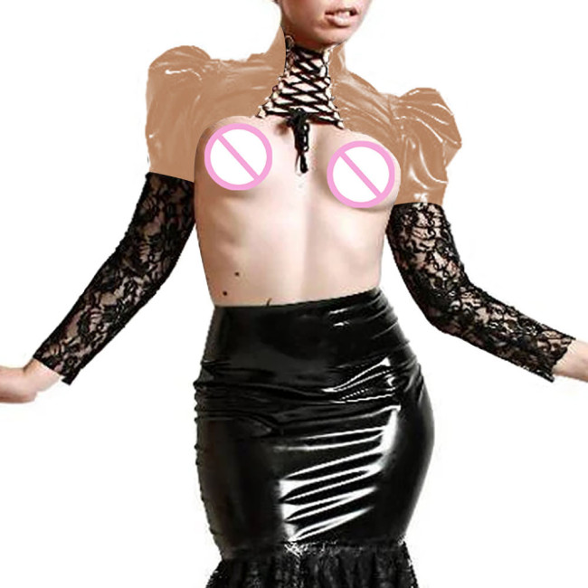 Sexy PVC Leather Lace Up Top Nightclub Patchwork Lace Latex Long Sleeve Exotic Bolero Female Party Cosplay Jacket Plus Size 7XL