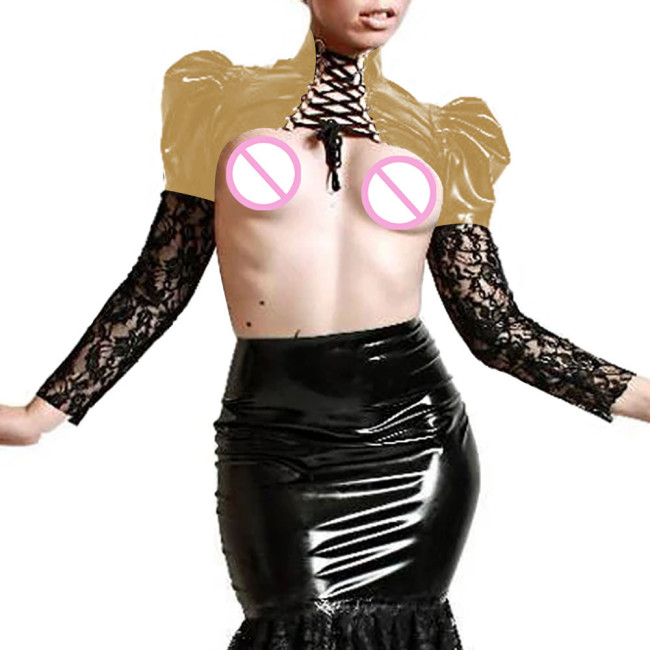 Sexy PVC Leather Lace Up Top Nightclub Patchwork Lace Latex Long Sleeve Exotic Bolero Female Party Cosplay Jacket Plus Size 7XL