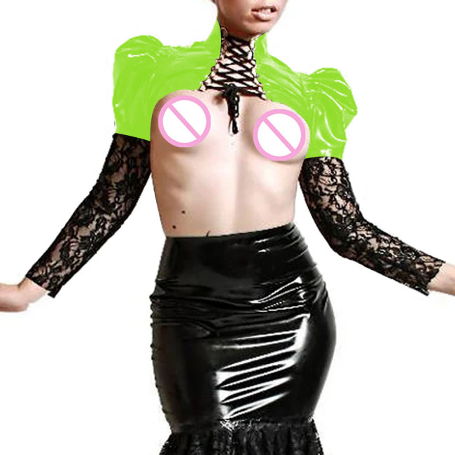 Sexy PVC Leather Lace Up Top Nightclub Patchwork Lace Latex Long Sleeve Exotic Bolero Female Party Cosplay Jacket Plus Size 7XL