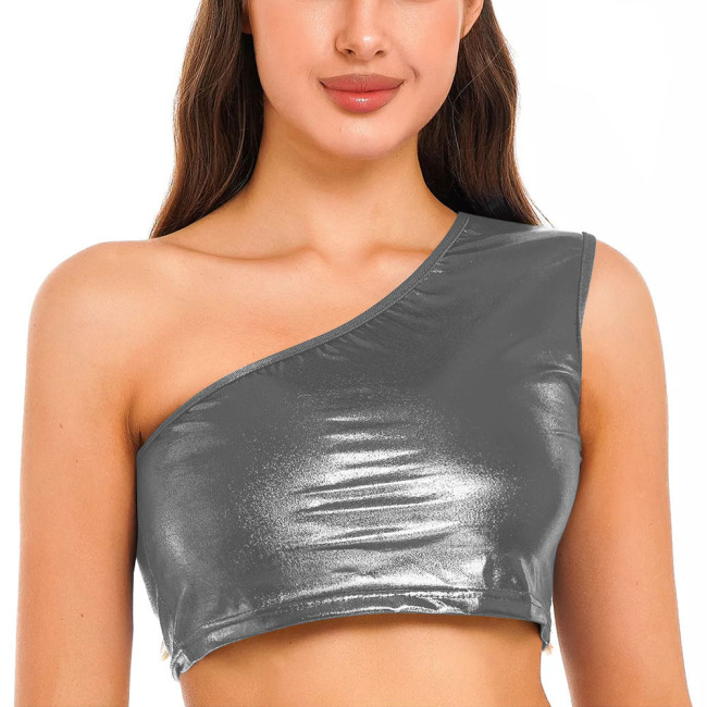 Women Crop Tops Shiny Metallic One Shoulder Tank Top Modern Jazz Hip-hop Dance Costumes Street Dancewear Slim Bustiers Tank 7XL