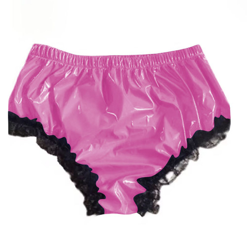 Mens Shiny Lace Ruffled Frilly Sissy PVC Briefs Lingerie Sissy Underwear Soft Thong Underpants Male Pink Leather Panties