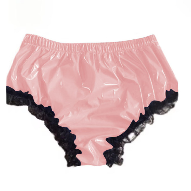 Mens Shiny Lace Ruffled Frilly Sissy PVC Briefs Lingerie Sissy Underwear Soft Thong Underpants Male Pink Leather Panties