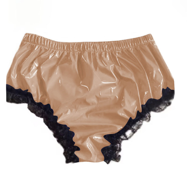 Mens Shiny Lace Ruffled Frilly Sissy PVC Briefs Lingerie Sissy Underwear Soft Thong Underpants Male Pink Leather Panties