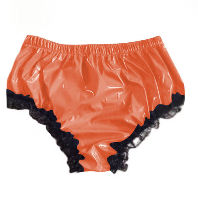 Mens Shiny Lace Ruffled Frilly Sissy PVC Briefs Lingerie Sissy Underwear Soft Thong Underpants Male Pink Leather Panties
