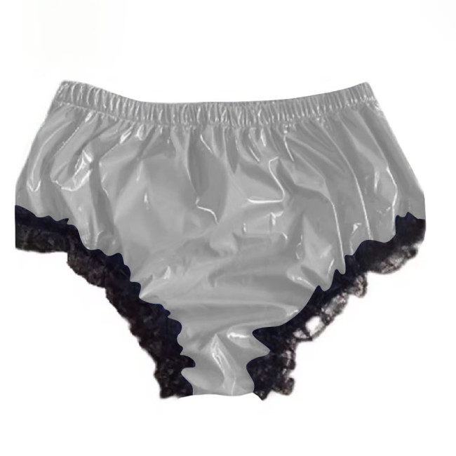 Mens Shiny Lace Ruffled Frilly Sissy PVC Briefs Lingerie Sissy Underwear Soft Thong Underpants Male Pink Leather Panties