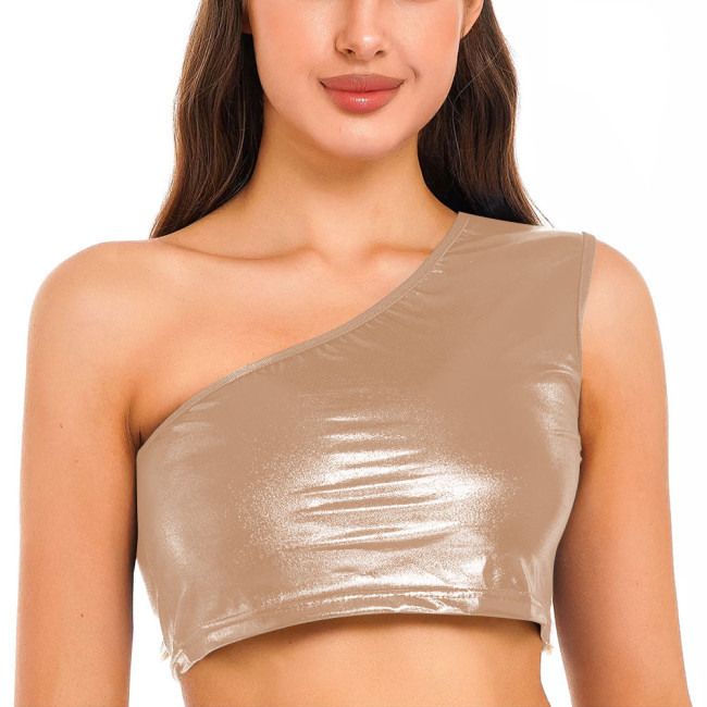 Women Crop Tops Shiny Metallic One Shoulder Tank Top Modern Jazz Hip-hop Dance Costumes Street Dancewear Slim Bustiers Tank 7XL