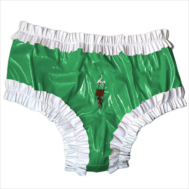 Sissy Lockable Panties Shiny PVC Leather Ruffled Frilly Sissy Bikini Briefs Lingerie Zipper Crotch Panties  Sissy Knickers