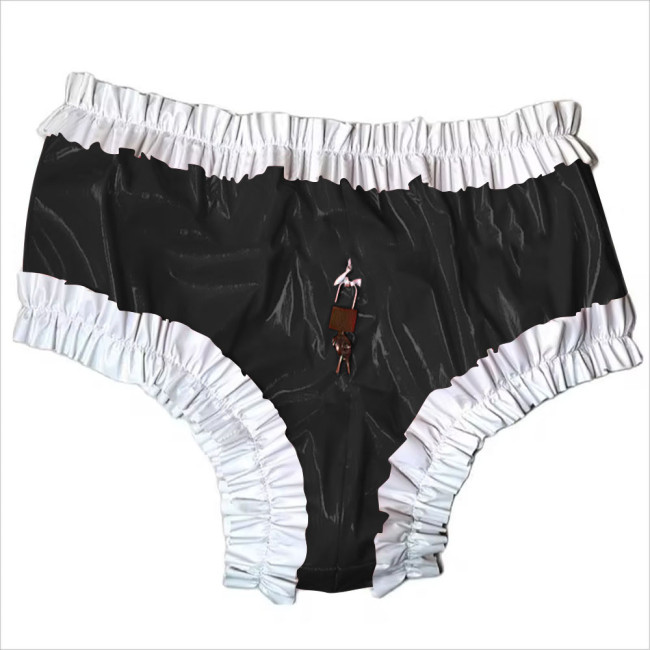 Sissy Lockable Panties Shiny PVC Leather Ruffled Frilly Sissy Bikini Briefs Lingerie Zipper Crotch Panties  Sissy Knickers