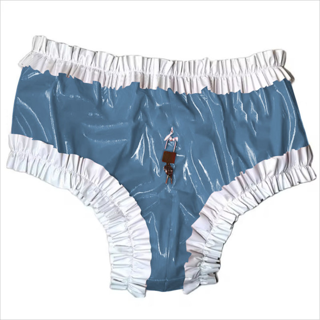 Sissy Lockable Panties Shiny PVC Leather Ruffled Frilly Sissy Bikini Briefs Lingerie Zipper Crotch Panties  Sissy Knickers