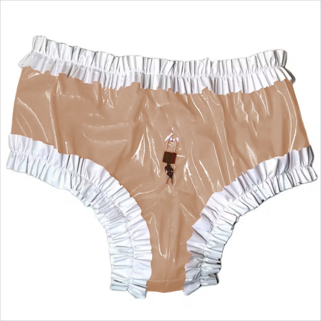 Sissy Lockable Panties Shiny PVC Leather Ruffled Frilly Sissy Bikini Briefs Lingerie Zipper Crotch Panties  Sissy Knickers