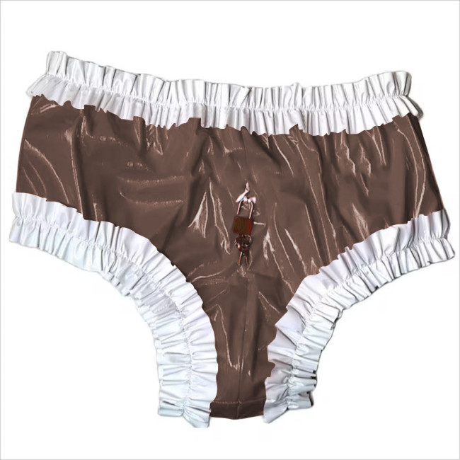 Sissy Lockable Panties Shiny PVC Leather Ruffled Frilly Sissy Bikini Briefs Lingerie Zipper Crotch Panties  Sissy Knickers