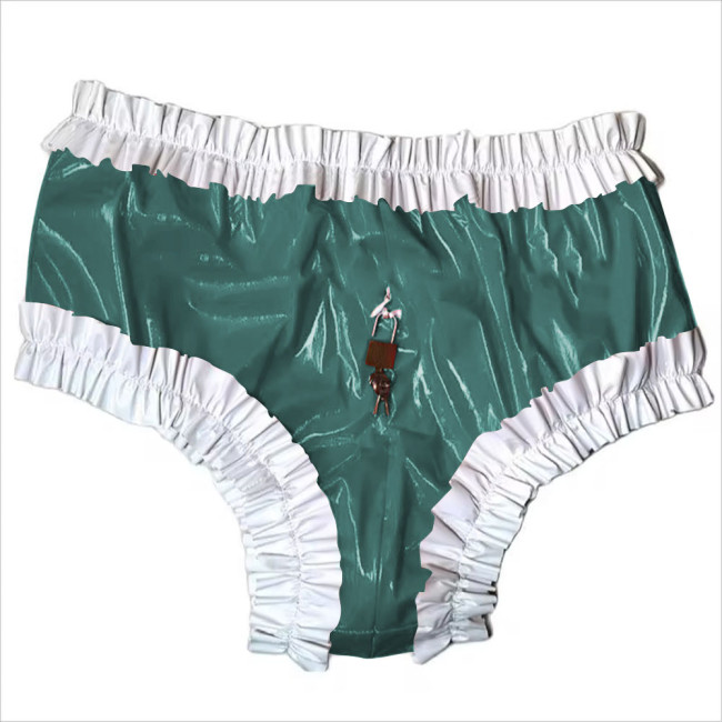 Sissy Lockable Panties Shiny PVC Leather Ruffled Frilly Sissy Bikini Briefs Lingerie Zipper Crotch Panties  Sissy Knickers