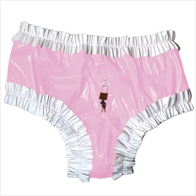 Sissy Lockable Panties Shiny PVC Leather Ruffled Frilly Sissy Bikini Briefs Lingerie Zipper Crotch Panties  Sissy Knickers