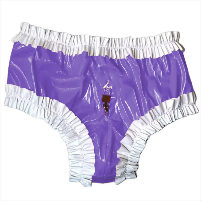Sissy Lockable Panties Shiny PVC Leather Ruffled Frilly Sissy Bikini Briefs Lingerie Zipper Crotch Panties  Sissy Knickers