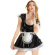 Sexy Glossy PVC Scoop Neck Short Sleeve Lace Hem Maid Sheath Mini Dress with Bowknot White Apron Uniforms Party Fancy Costumes