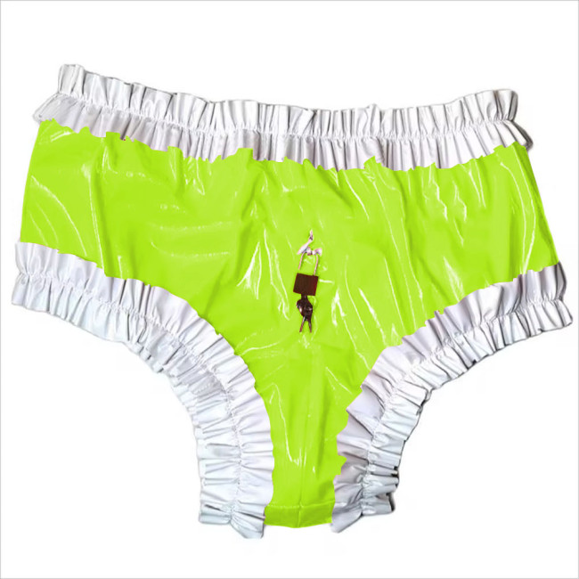 Sissy Lockable Panties Shiny PVC Leather Ruffled Frilly Sissy Bikini Briefs Lingerie Zipper Crotch Panties  Sissy Knickers