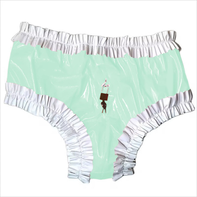 Sissy Lockable Panties Shiny PVC Leather Ruffled Frilly Sissy Bikini Briefs Lingerie Zipper Crotch Panties  Sissy Knickers