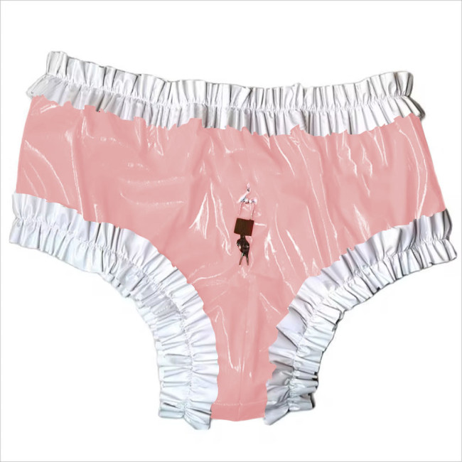 Sissy Lockable Panties Shiny PVC Leather Ruffled Frilly Sissy Bikini Briefs Lingerie Zipper Crotch Panties  Sissy Knickers