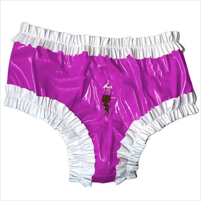 Sissy Lockable Panties Shiny PVC Leather Ruffled Frilly Sissy Bikini Briefs Lingerie Zipper Crotch Panties  Sissy Knickers