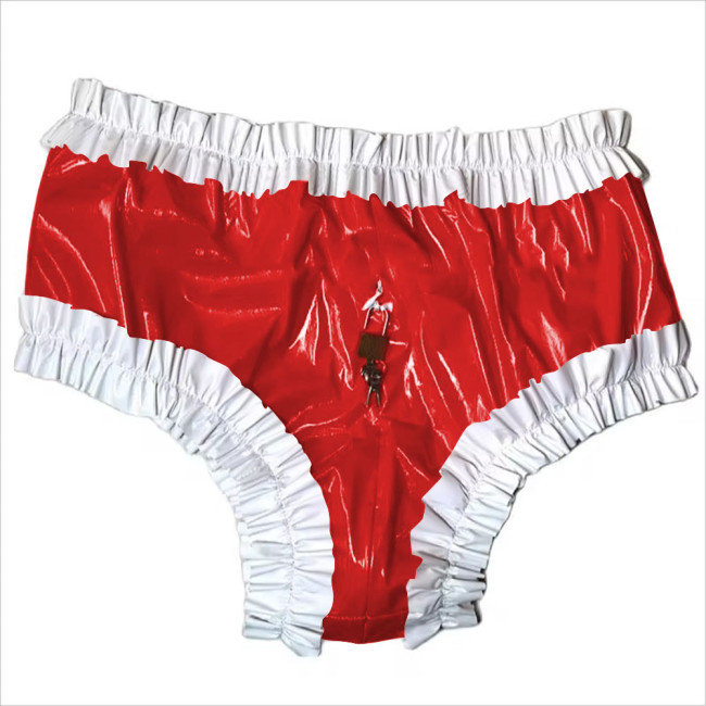 Sissy Lockable Panties Shiny PVC Leather Ruffled Frilly Sissy Bikini Briefs Lingerie Zipper Crotch Panties  Sissy Knickers