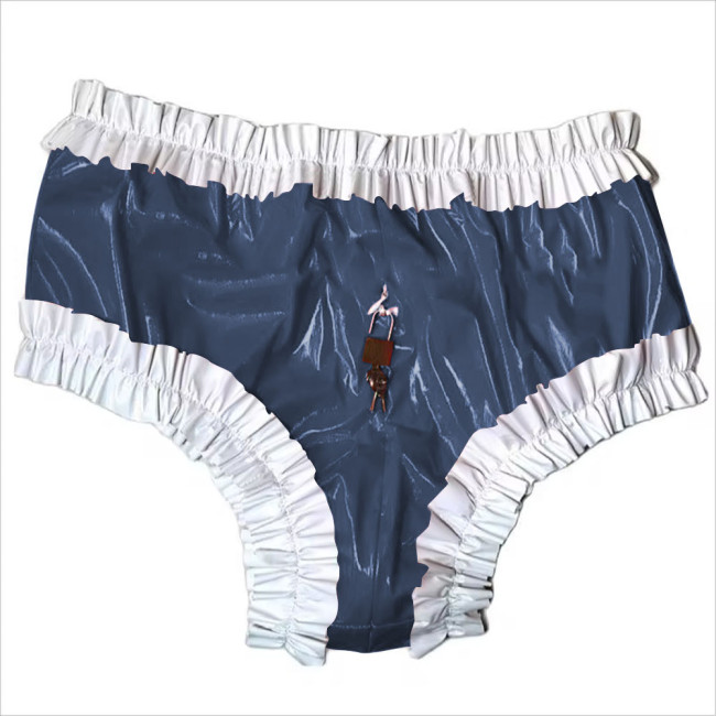 Sissy Lockable Panties Shiny PVC Leather Ruffled Frilly Sissy Bikini Briefs Lingerie Zipper Crotch Panties  Sissy Knickers