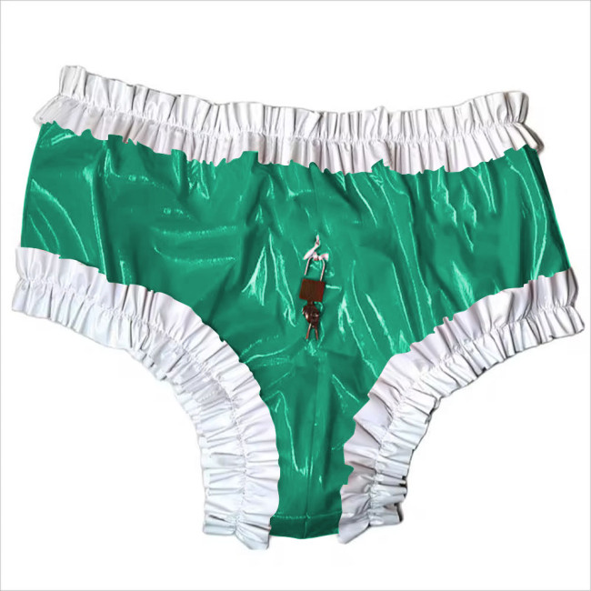 Sissy Lockable Panties Shiny PVC Leather Ruffled Frilly Sissy Bikini Briefs Lingerie Zipper Crotch Panties  Sissy Knickers