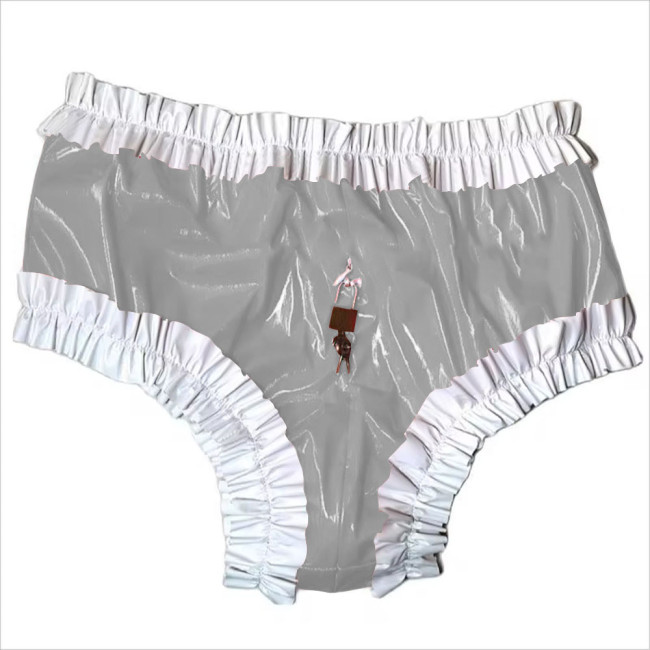 Sissy Lockable Panties Shiny PVC Leather Ruffled Frilly Sissy Bikini Briefs Lingerie Zipper Crotch Panties  Sissy Knickers