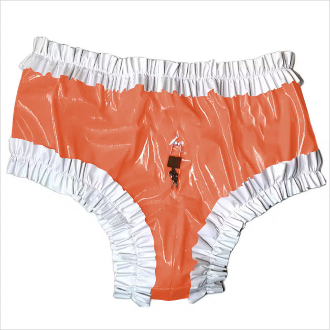 Sissy Lockable Panties Shiny PVC Leather Ruffled Frilly Sissy Bikini Briefs Lingerie Zipper Crotch Panties  Sissy Knickers