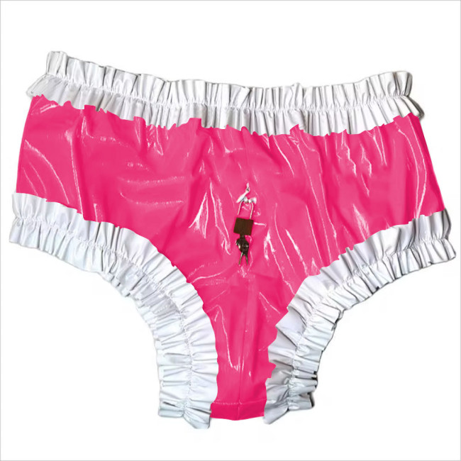 Sissy Lockable Panties Shiny PVC Leather Ruffled Frilly Sissy Bikini Briefs Lingerie Zipper Crotch Panties  Sissy Knickers