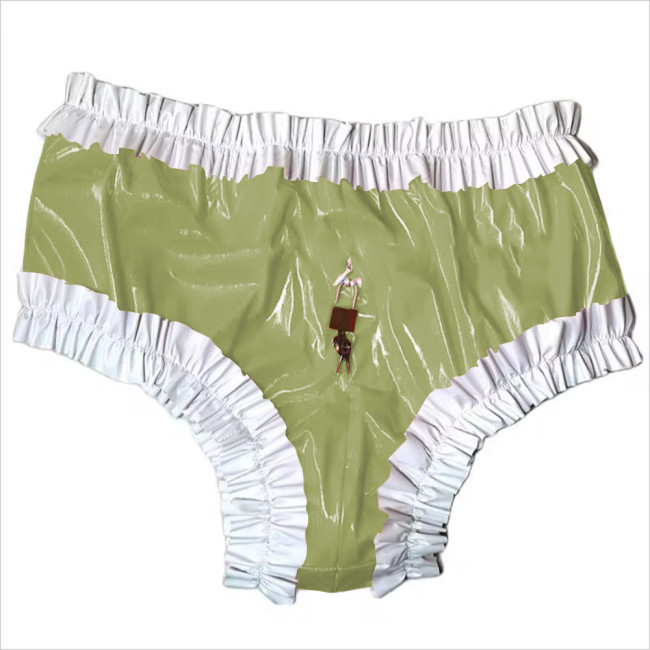 Sissy Lockable Panties Shiny PVC Leather Ruffled Frilly Sissy Bikini Briefs Lingerie Zipper Crotch Panties  Sissy Knickers