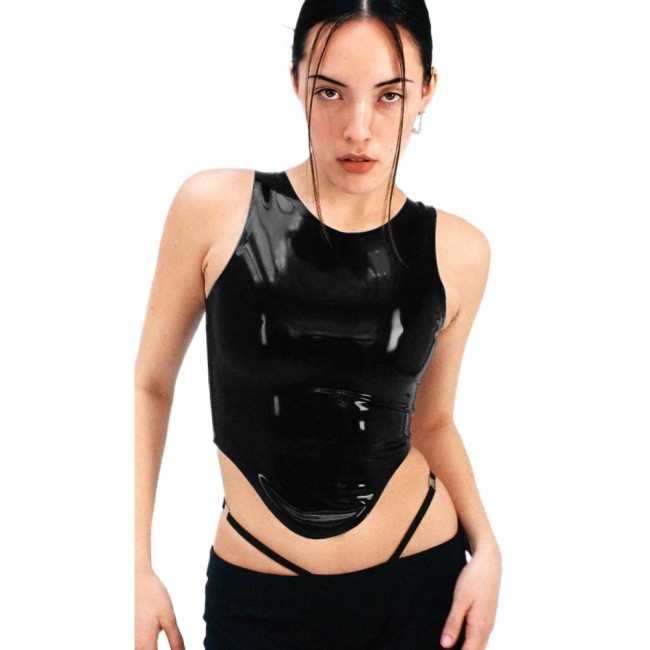 Gothic Women PVC Leather Camis Sexy Fashion Faux Latex Tank Skinny Short Crop Tops Latex Look Tanks High Stree Party Club Tanks
