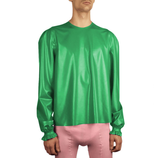 PVC Leather Shiny Shirt Sissy Mens Crossdressing T-Shirt Tops Stretchy Long Sleeve Loose Blouse Sissy Tops Gay Trendy Costume