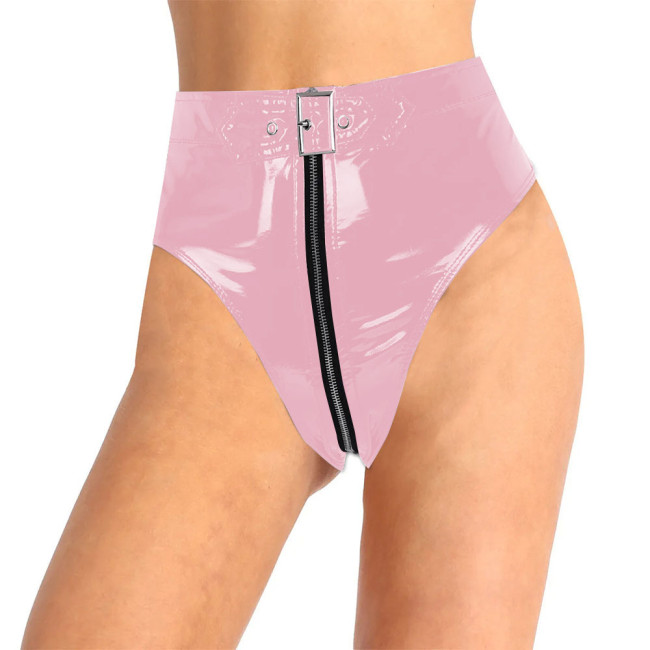 Lockable PVC Leather Panties Sissy Mens Underwear Shiny Faux PU Leather Zipper Briefs Women High Waist Thongs Sexy Lingerie
