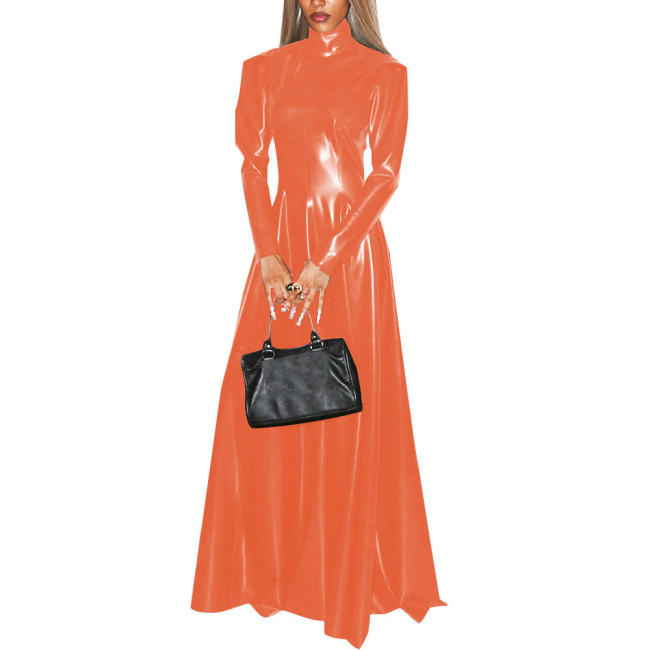 Women Faux Latex Elegant Dress Long Sleeve High Neck Sheath Maxi Dress Retro Patent Leather Stretch Pleated A Line Dresses