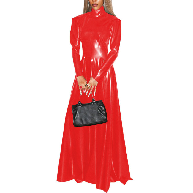 Women Faux Latex Elegant Dress Long Sleeve High Neck Sheath Maxi Dress Retro Patent Leather Stretch Pleated A Line Dresses