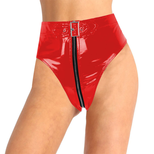 Lockable PVC Leather Panties Sissy Mens Underwear Shiny Faux PU Leather Zipper Briefs Women High Waist Thongs Sexy Lingerie