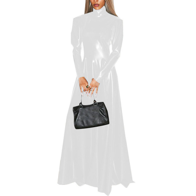 Women Faux Latex Elegant Dress Long Sleeve High Neck Sheath Maxi Dress Retro Patent Leather Stretch Pleated A Line Dresses