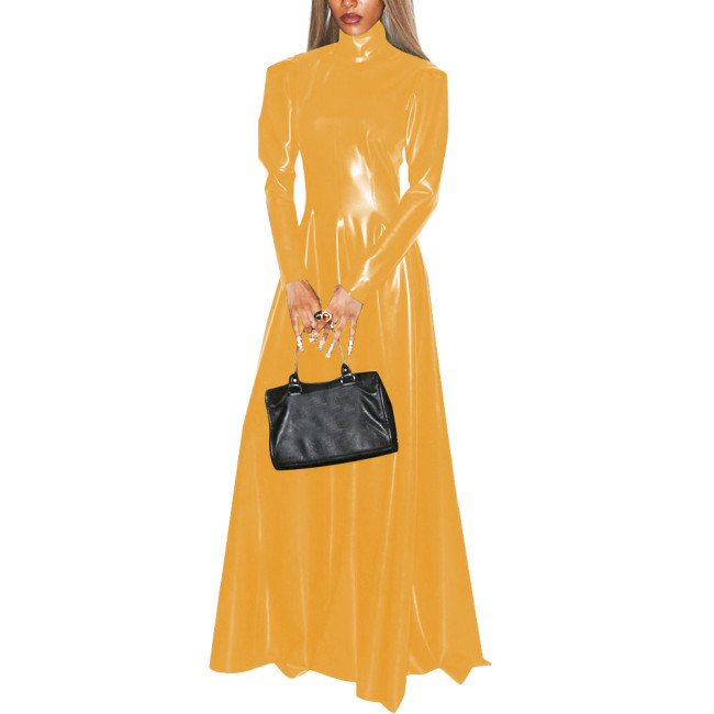 Women Faux Latex Elegant Dress Long Sleeve High Neck Sheath Maxi Dress Retro Patent Leather Stretch Pleated A Line Dresses