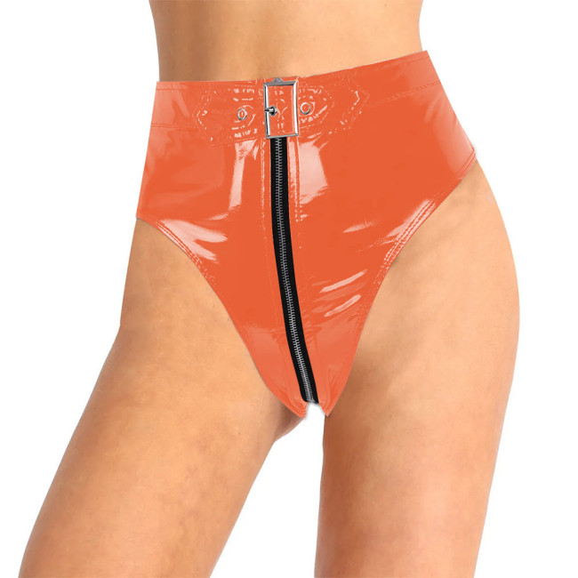 Lockable PVC Leather Panties Sissy Mens Underwear Shiny Faux PU Leather Zipper Briefs Women High Waist Thongs Sexy Lingerie